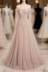 Champagne Pink Tulle Beads Long Evening Prom Dresses, Champagne Evening Dresses
