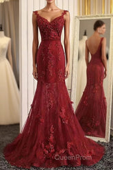 Burgundy Trumpet Sweep Train V Neck Mid Back Appliques Beading Long Evening Prom Dresses