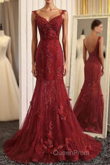Burgundy Trumpet Sweep Train V Neck Mid Back Appliques Beading Long Evening Prom Dresses