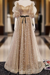 Champagne Sweetheart Tulle Long Evening Prom Dresses, Tulle Formal Dresses