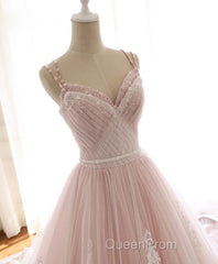 Pink Sweetheart Lace Tulle Long Evening Prom Dresses, Lace Pink Evening Dresses