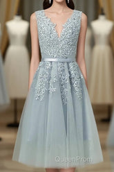 Gray A Line Lace Tulle Short Evening Prom Dresses, Homecoming Dresses