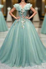 Green V Neck Tulle Long Evening Prom Dresses, Green Evening Dresses