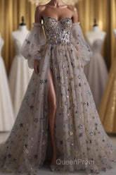 Chic Long Sweetheart Front Split Star Evening Prom Dresses With Sleeves