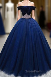 Dark Blue Tulle Off Shoulder Long Evening Prom Dresses, Blue Sweet 16 Dresses