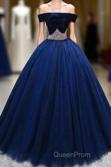 Dark Blue Tulle Off Shoulder Long Evening Prom Dresses, Blue Sweet 16 Dresses