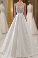 A Line Brush Train Deep V Neck Sleeveless Beading Evening Prom Dresses