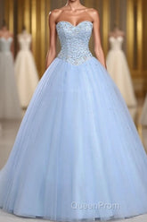 Light Blue Ball Gown Floor Length Sweetheart Strapless Sleevless Beading Evening Prom Dresses