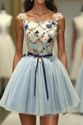 Gray Blue Tulle Short Evening Prom Dresses, Tulle Homecoming Dresses