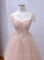 Pink Sweetheart Tulle Beaded Long Party Dresses, Pink Tulle Evening Prom Dresses Evening Dresses