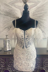 White Plunging V Neck Off-the-Shoulder Appliques Homecoming Dress with Feathers