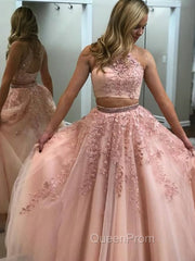 2 Pieces Pink Red Lace Evening Prom Dresses, Two Pieces Pink Red Tulle Lace Evening Dresses