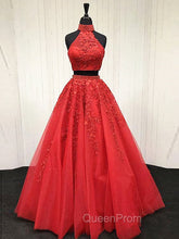 2 Pieces Pink Red Lace Evening Prom Dresses, Two Pieces Pink Red Tulle Lace Evening Dresses