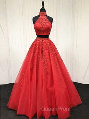 2 Pieces Pink Red Lace Evening Prom Dresses, Two Pieces Pink Red Tulle Lace Evening Dresses