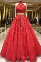 2 Pieces Tulle Lace Evening Prom Dresses, Two Pieces Evening Dresses