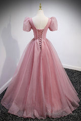 Pink V-Neck Tulle Long Prom Dresses, A-Line Evening Party Dresses