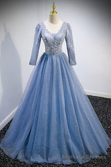 Blue V-Neck Tulle Beading Long Prom Dresses, Long Sleeve Evening Dresses