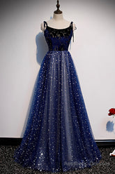 Blue Tulle Long A-Line Prom Dresses, Blue Evening Party Dresses