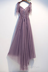 Purple Tulle Lace Long Evening Prom Dresses, A-Line Evening Party Dresses