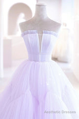 Purple Strapless Tulle Long Formal Gown, Purple A-Line Evening Dress
