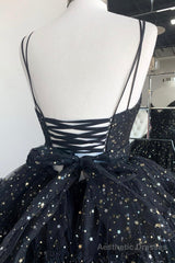 Black V-Neck Tulle Long Prom Dresses, High Low Evening Party Dresses