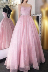 Cute Tulle Sequins Long Evening Prom Dresses, A-Line Backless Evening Dresses