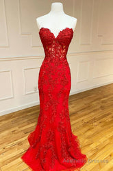 Red Strapless Lace Long Prom Dress, Mermaid Evening Dress
