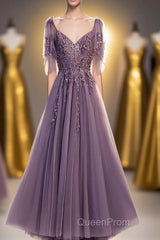 Purple Tulle Lace Long Evening Prom Dresses, A-Line Evening Party Dresses