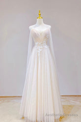 Champagne Tulle Long Prom Dress, Lovely Lace Formal Evening Dress