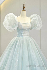 Lovely Puff Sleeve Tulle Formal Evening Gown, A-Line Long Prom Dress
