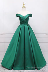 Green Satin Long Prom Dress, Off the Shoulder Evening Party Dress