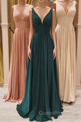 Simple V-Neck Long Evening Prom Dresses, A-Line Evening Party Dresses