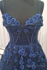 Blue Spaghetti Strap Tulle Appliqu篓娄d Long A-Line Prom Dress