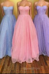 Lovely Tulle Spaghetti Strap Long Evening Prom Dresses, A-Line Evening Dresses