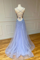Stylish Tulle Pearl Long Prom Dresses, A-Line Backless Evening Party Dresses