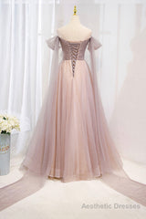 Pink Tulle Beaded Long Prom Dress, Off the Shoulder Evening Dress