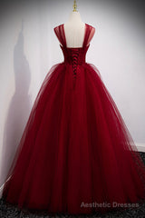 Burgundy Tulle Long A-Line Prom Dress, Burgundy Evening Party Dress