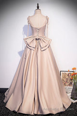 Pink Satin Long Formal Dresses, Graduation Dresses with Bows