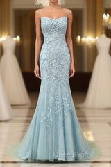 Mermaid Blue Long Evening Prom Dresses Backless Evening Dresses