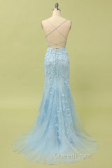 Mermaid Blue Long Evening Prom Dresses Backless Evening Dresses