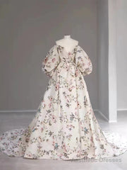 Bubble Sleeves A-line Prom Dresses, Elegant Floral Long Prom Dresses, Popular Wedding Guest Dresses