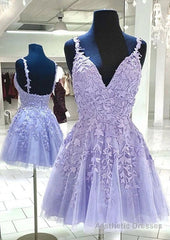 A-line V Neck Sleeveless Lace Tulle Short/Mini Homecoming Dress With Appliqued Beading