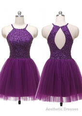 A-line Halter Sleeveless Tulle Short/Mini Homecoming Dress With Beading Pleated Sequins