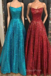 Fantasy Evening Prom Dresses, Princess A-line Bateau Sleeveless Sequined Long/Floor-Length Evening Prom Dresses
