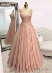 A-line V Neck Sleeveless Long/Floor-Length Tulle Glitter Prom Dress With Appliqued Beading