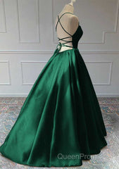 Green Satin Lace-Up Long Formal Dresses, Green Satin Long Evening Prom Dresses Evening Dresses