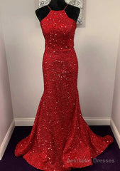 Trumpet/Mermaid Halter Sleeveless Sweep Train Velvet Sequins Prom Dress