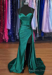 A-line Sweetheart Spaghetti Straps Sweep Train Silk like Satin Ruched Prom Dress- Prom Dresses