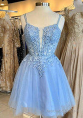 A-line Deep V Neck Tulle Short Homecoming Dress