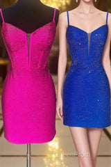 Royal Blue Beaded Sheath Deep V Neck Homecoming Dresses